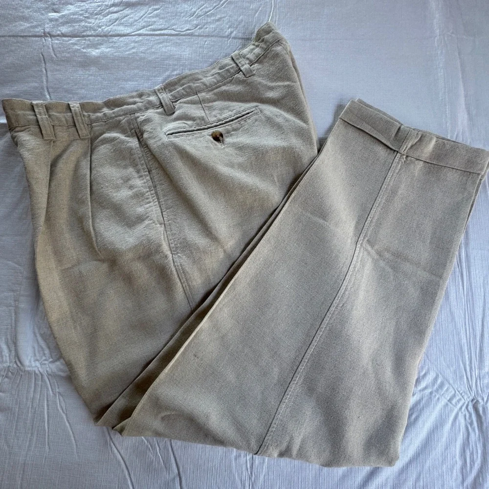 Eddie Bauer Mens 35x30 Pleated Linen Cotton Blend Cuffed Chino Pants Beige